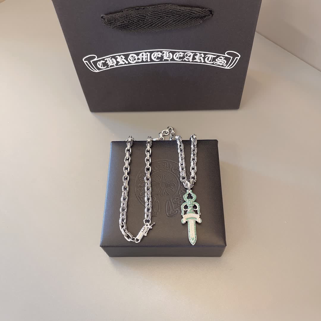 Chrome Hearts Silver Chain with Green Sword Pendant